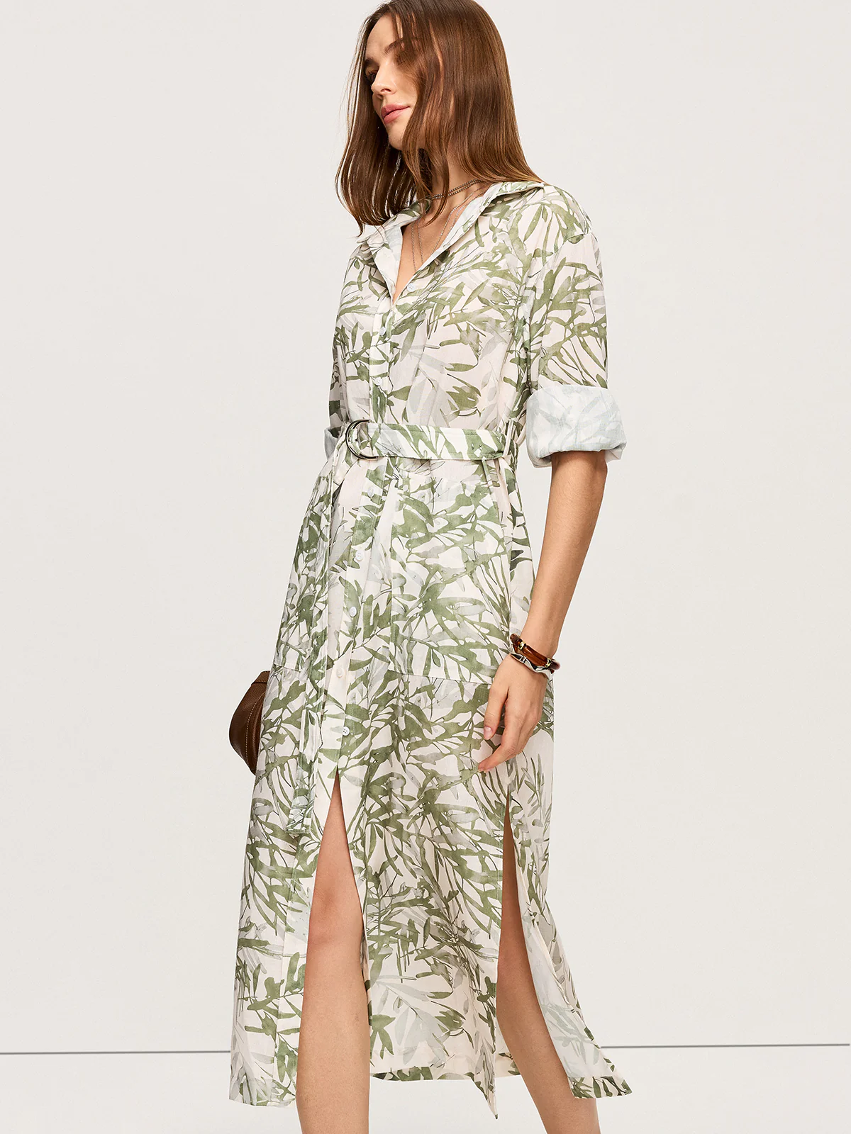 Leaf Printed  Belted Midi Dress with Slits - Image 2