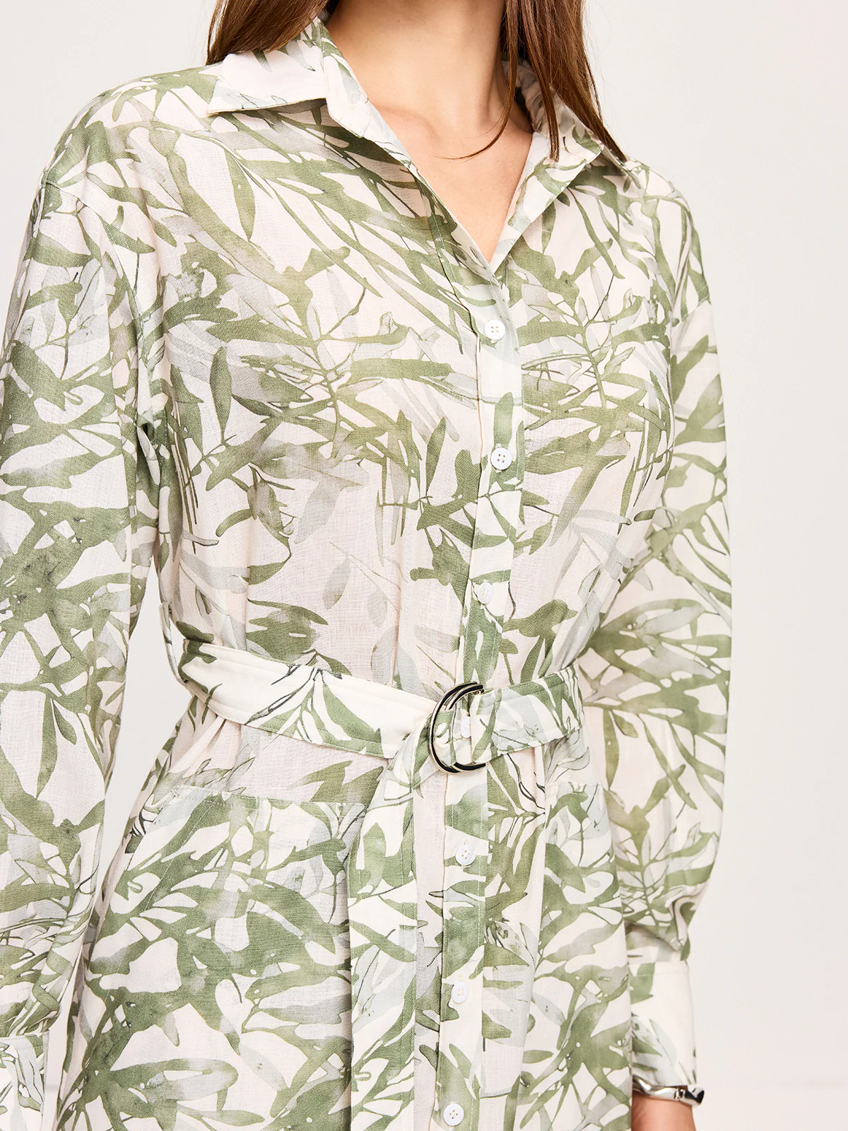 Leaf Printed  Belted Midi Dress with Slits - Image 3