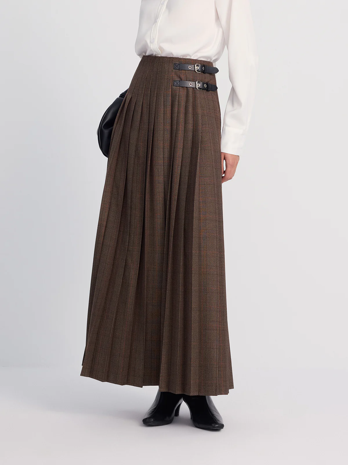 Leather-Buckle Pleated Plaid Maxi Skirt