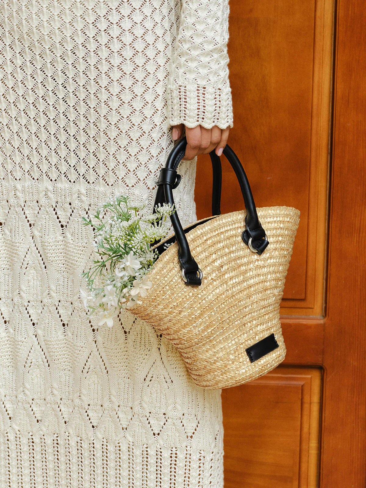 Leather Handles Straw Tote Bag - Image 2