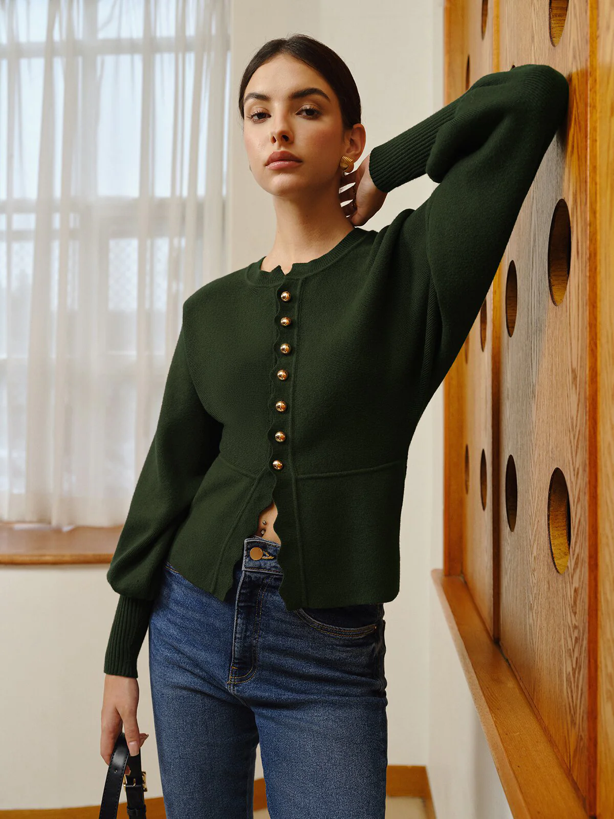Leg-Of Mutton Sleeve Wave Trim Knit Top - Image 3