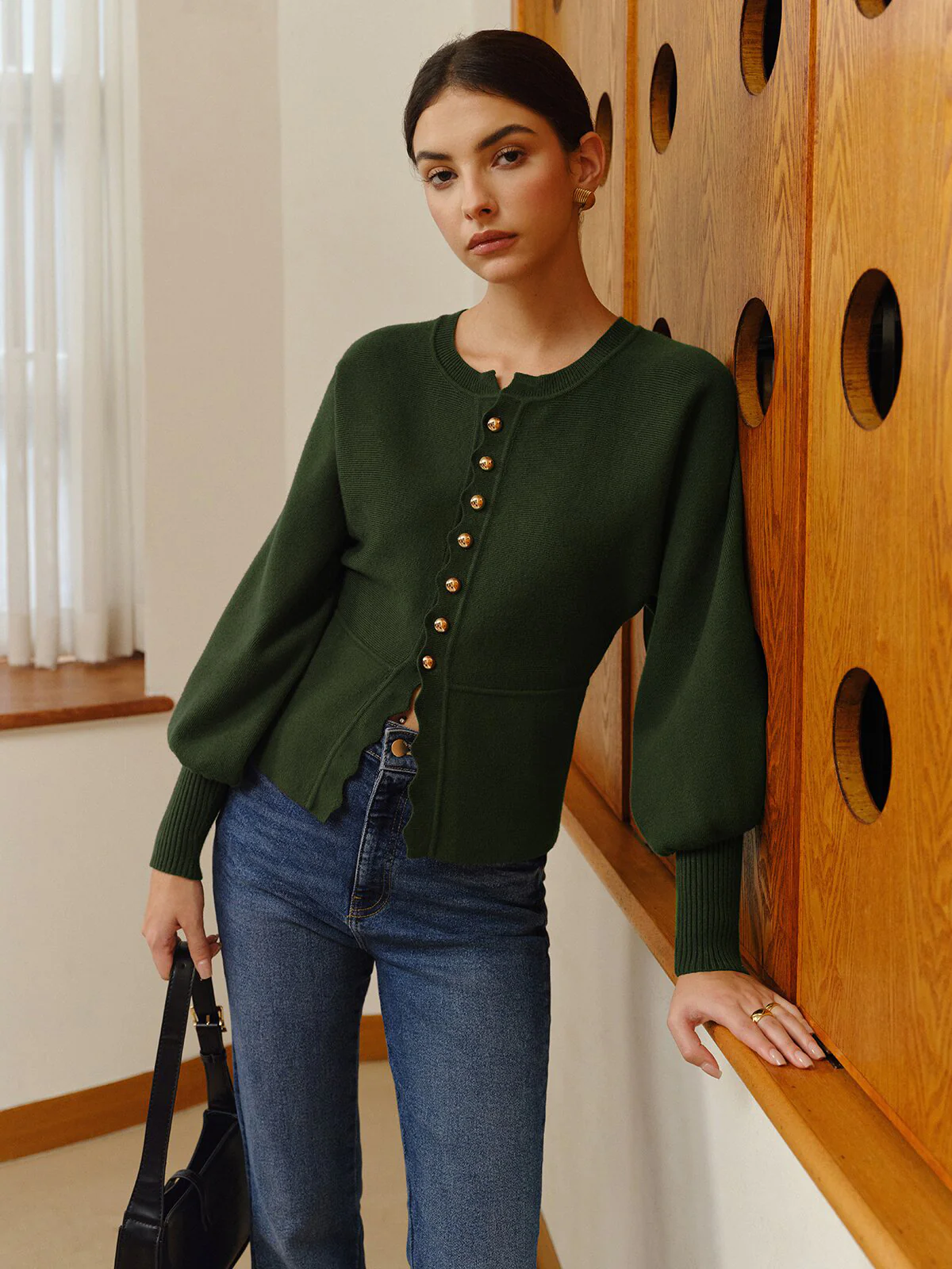 Leg-Of Mutton Sleeve Wave Trim Knit Top - Image 4