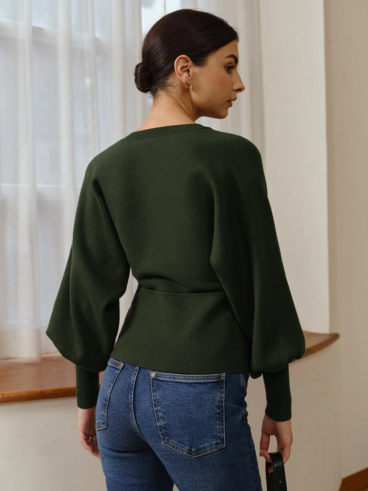 Leg-Of Mutton Sleeve Wave Trim Knit Top - Image 5