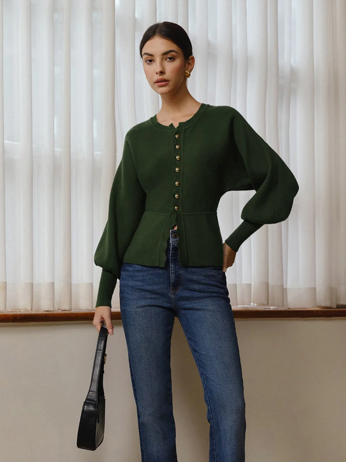 Leg-Of Mutton Sleeve Wave Trim Knit Top - Image 6