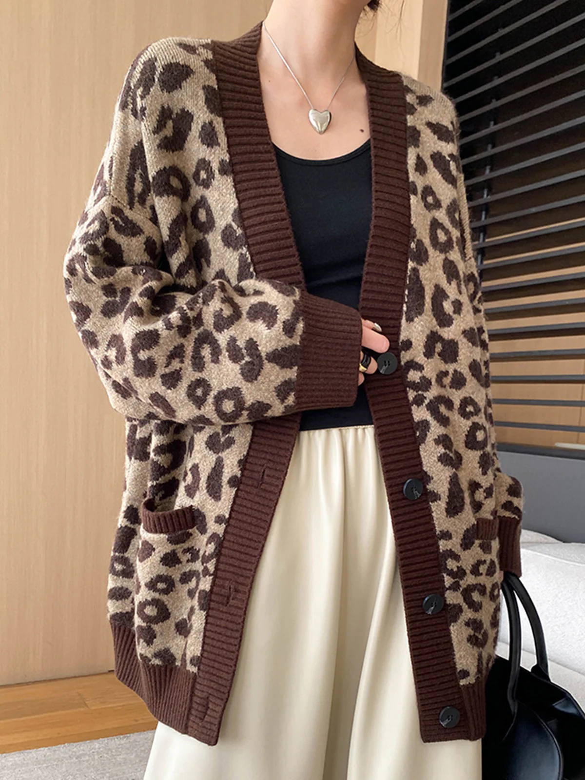 Leopard Contrast Trim Loose Cardigan - Image 2