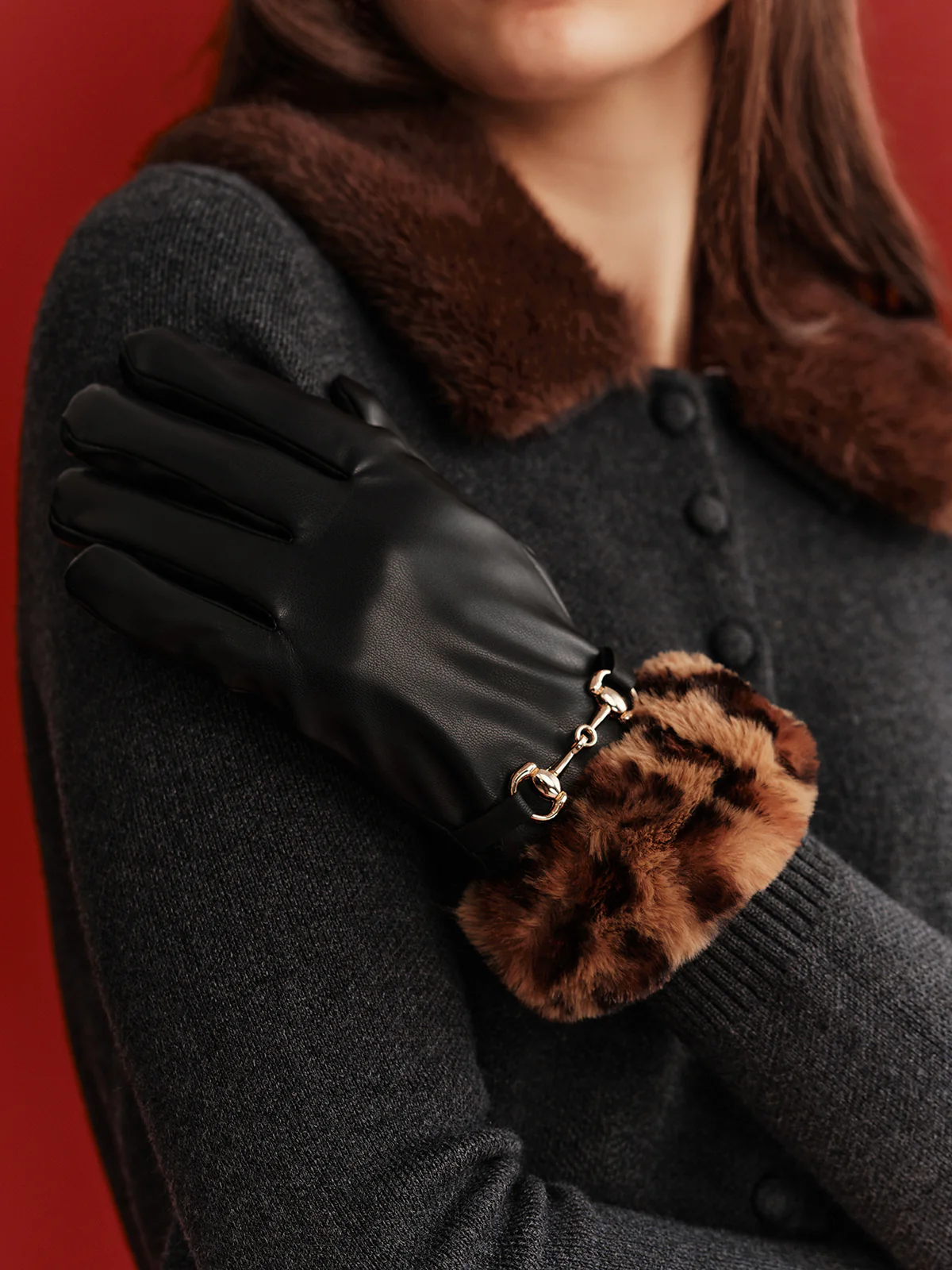 Leopard Faux Fur Cuff Faux Leather Gloves - Image 4