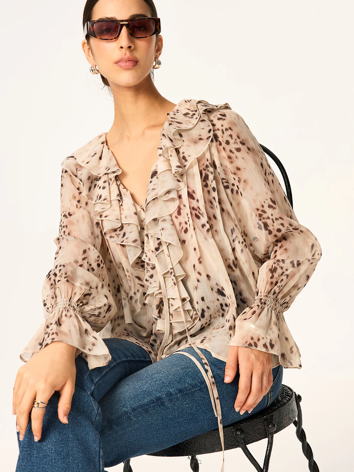 Leopard Print Chiffon Ruffle Shirt - Image 6