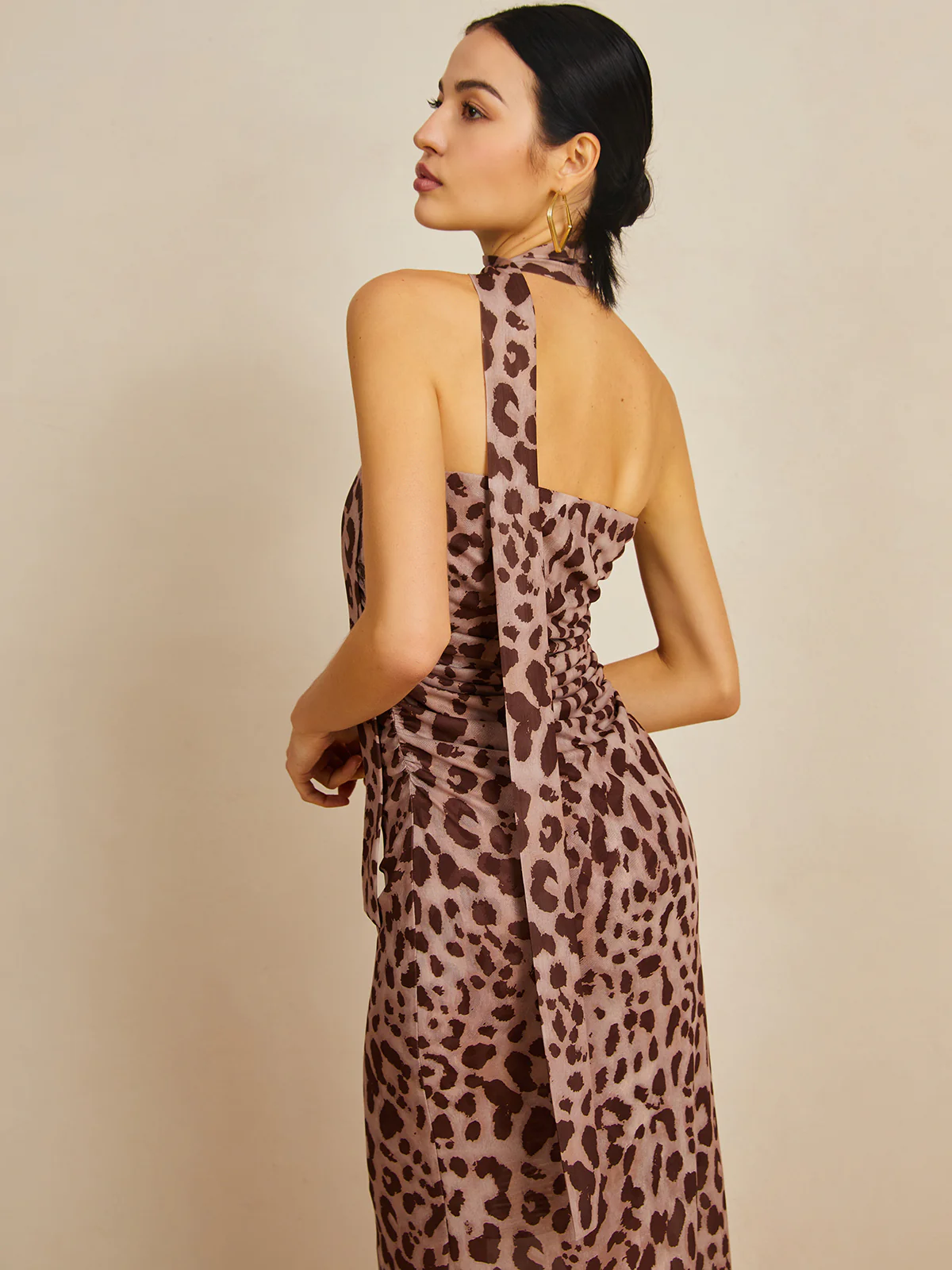 Leopard Print Mesh Halter Midi Dress - Image 3