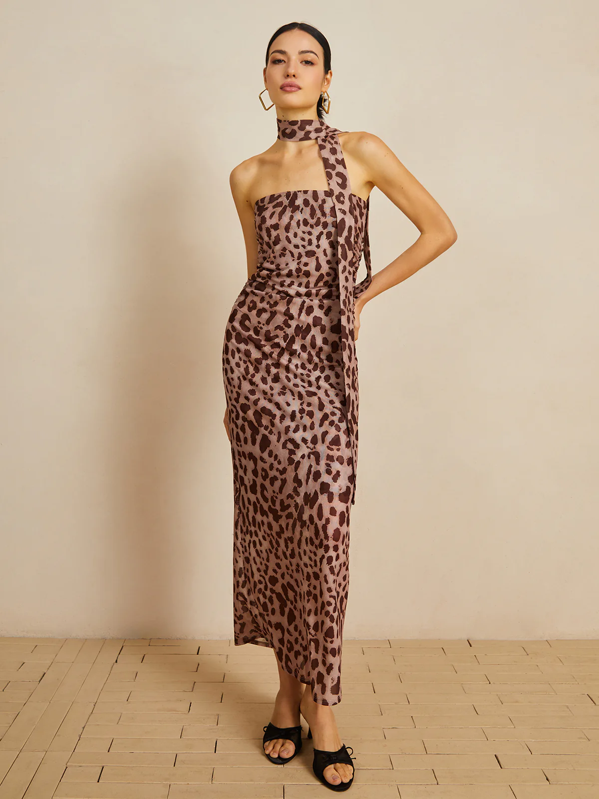 Leopard Print Mesh Halter Midi Dress - Image 4