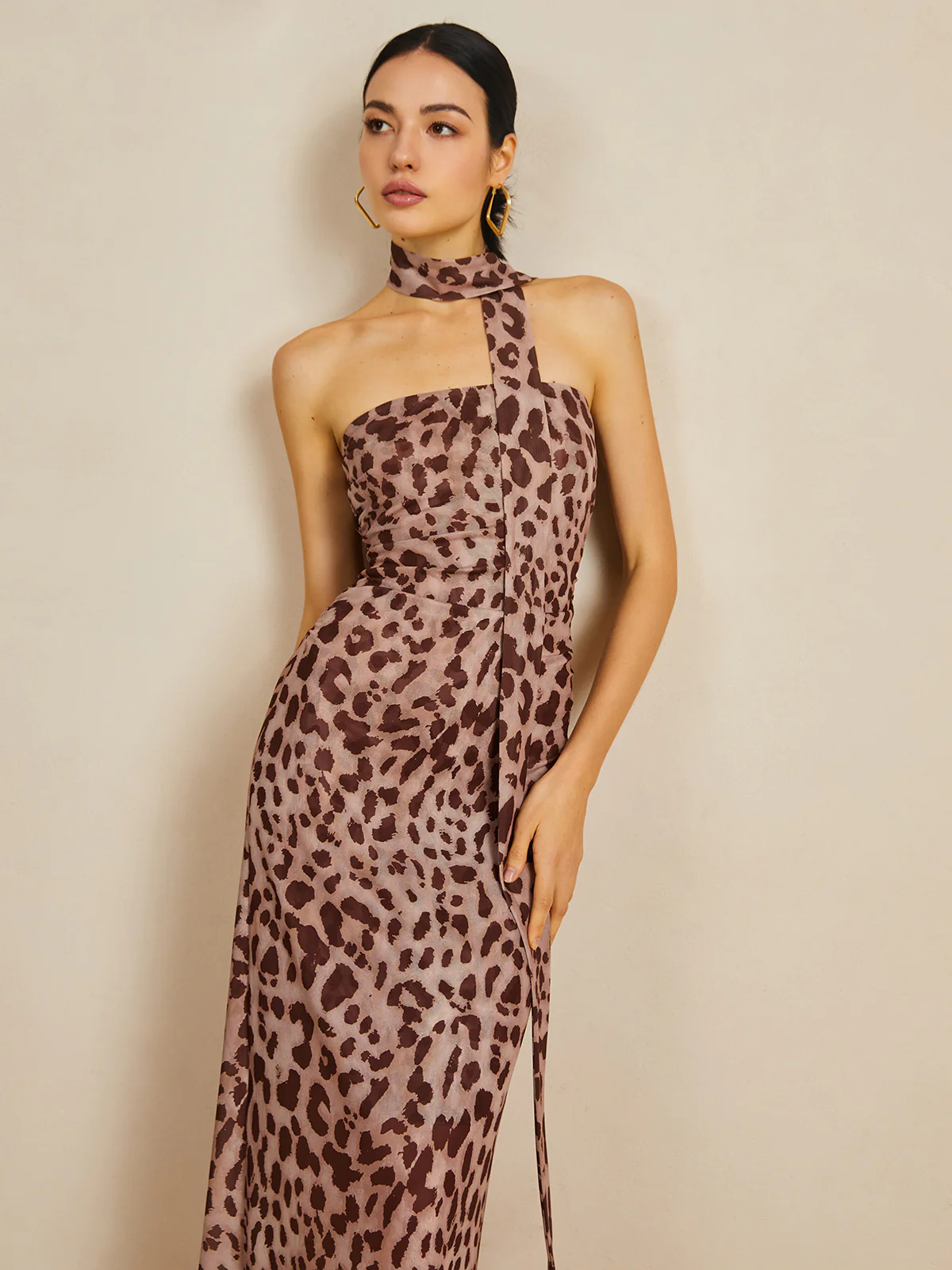 Leopard Print Mesh Halter Midi Dress - Image 5