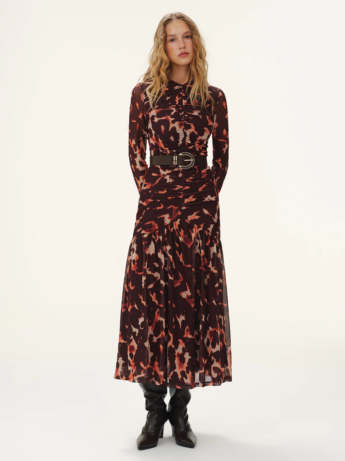 Leopard Print Ruched Mesh Maxi Dress without Belt - Image 3
