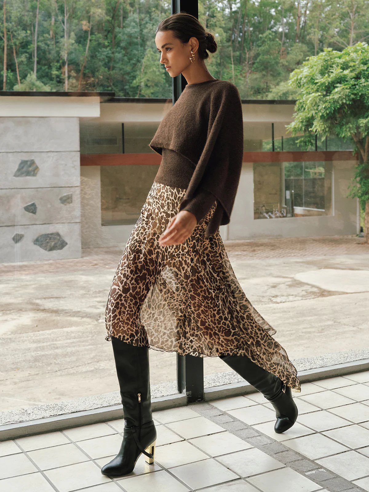 Leopard Print Semi-Sheer Chiffon Midi Skirt