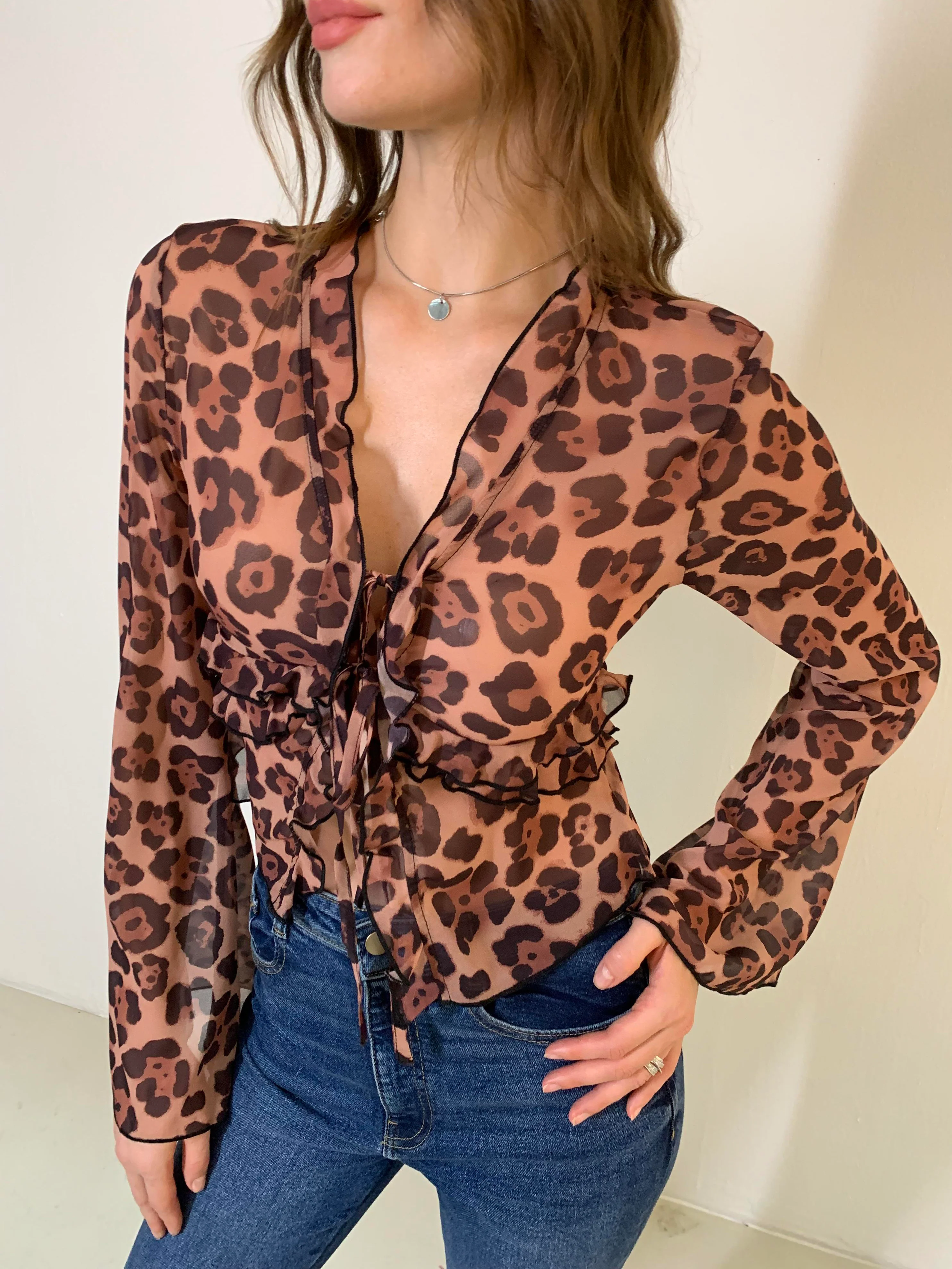 Leopard Print Semi-Sheer Ruffle V-Neck Blouse - Image 3