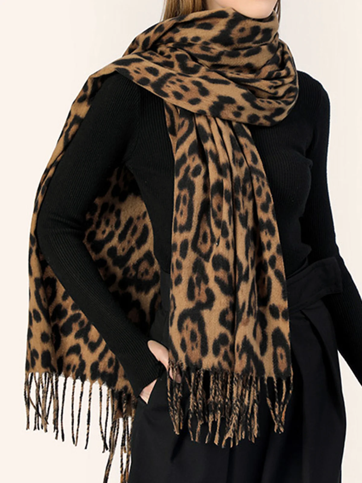 Leopard Printed Tassel Warm Scarf - Image 2
