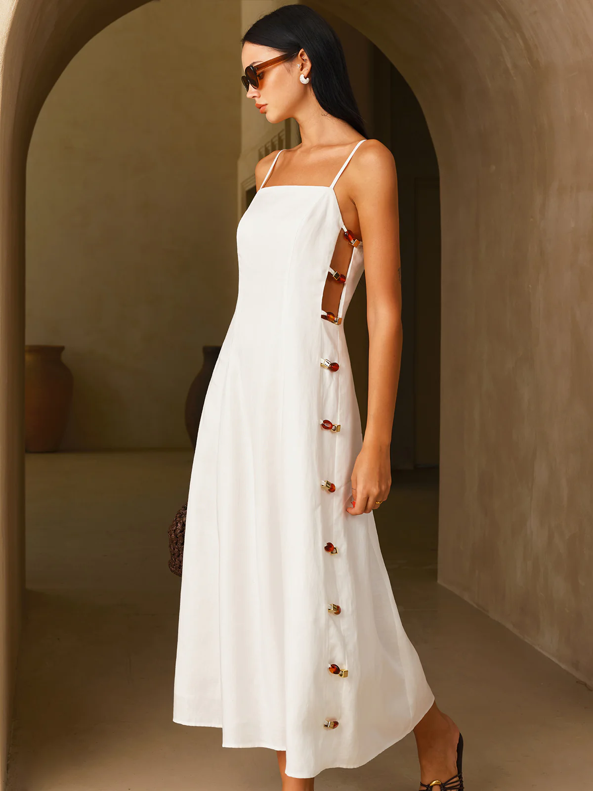 Linen-Blend Amber Detail Cami Midi Dress - Image 3