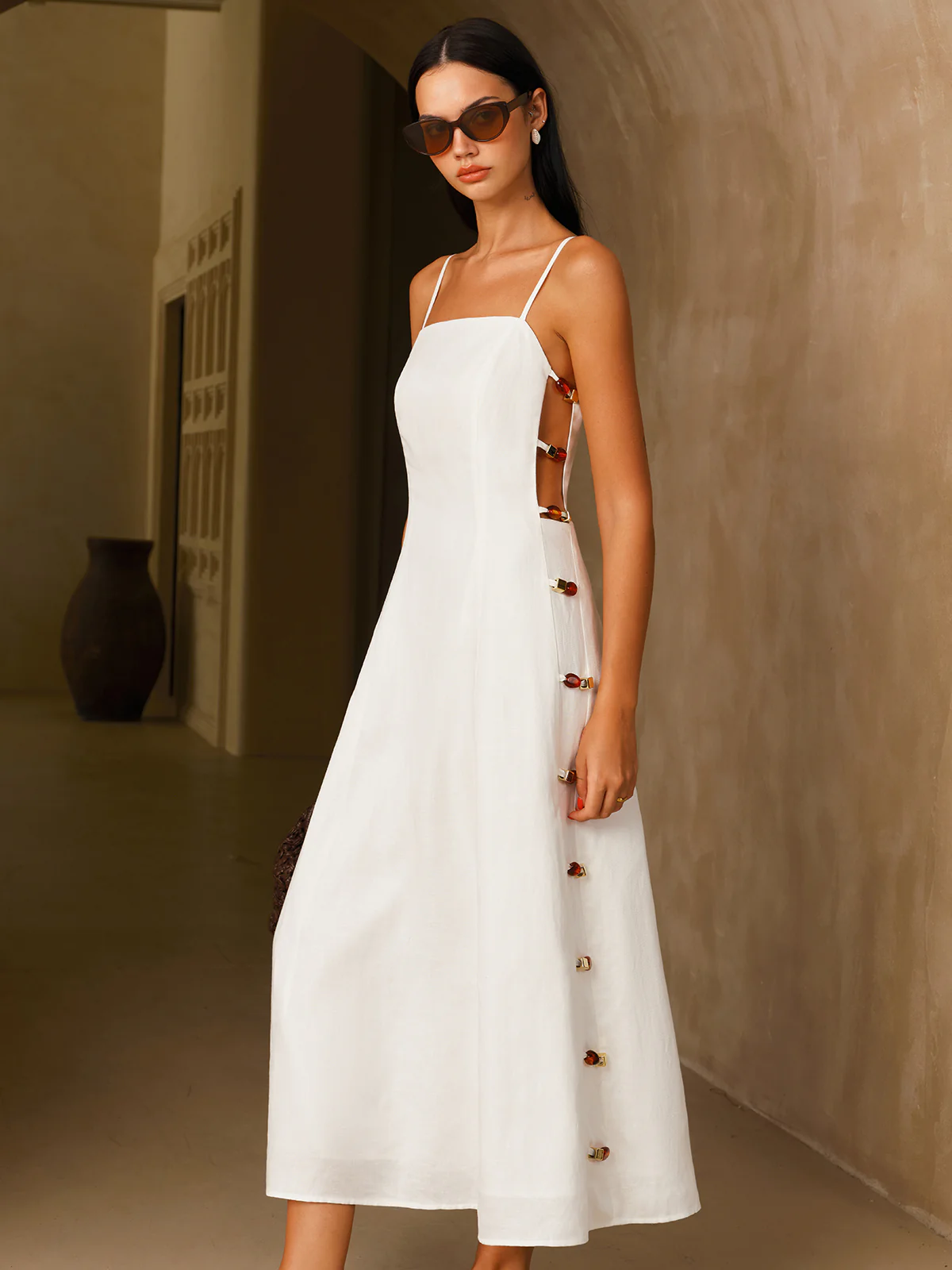 Linen-Blend Amber Detail Cami Midi Dress - Image 4