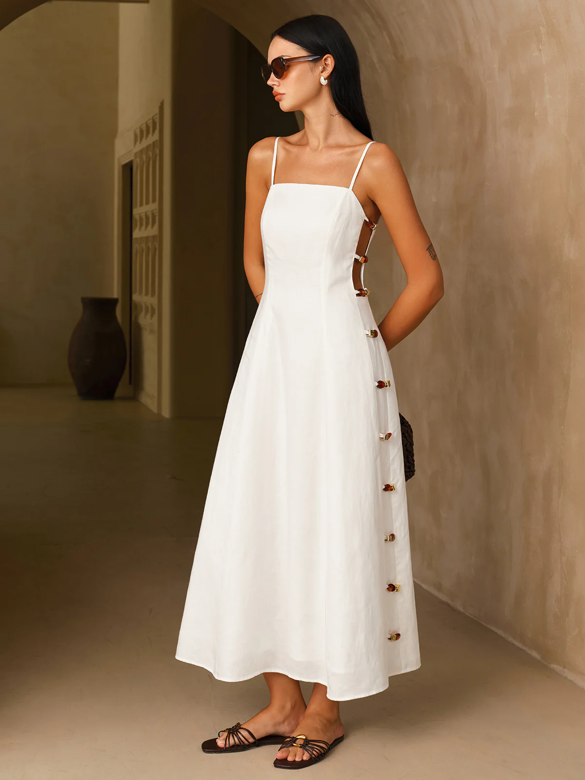 Linen-Blend Amber Detail Cami Midi Dress - Image 6