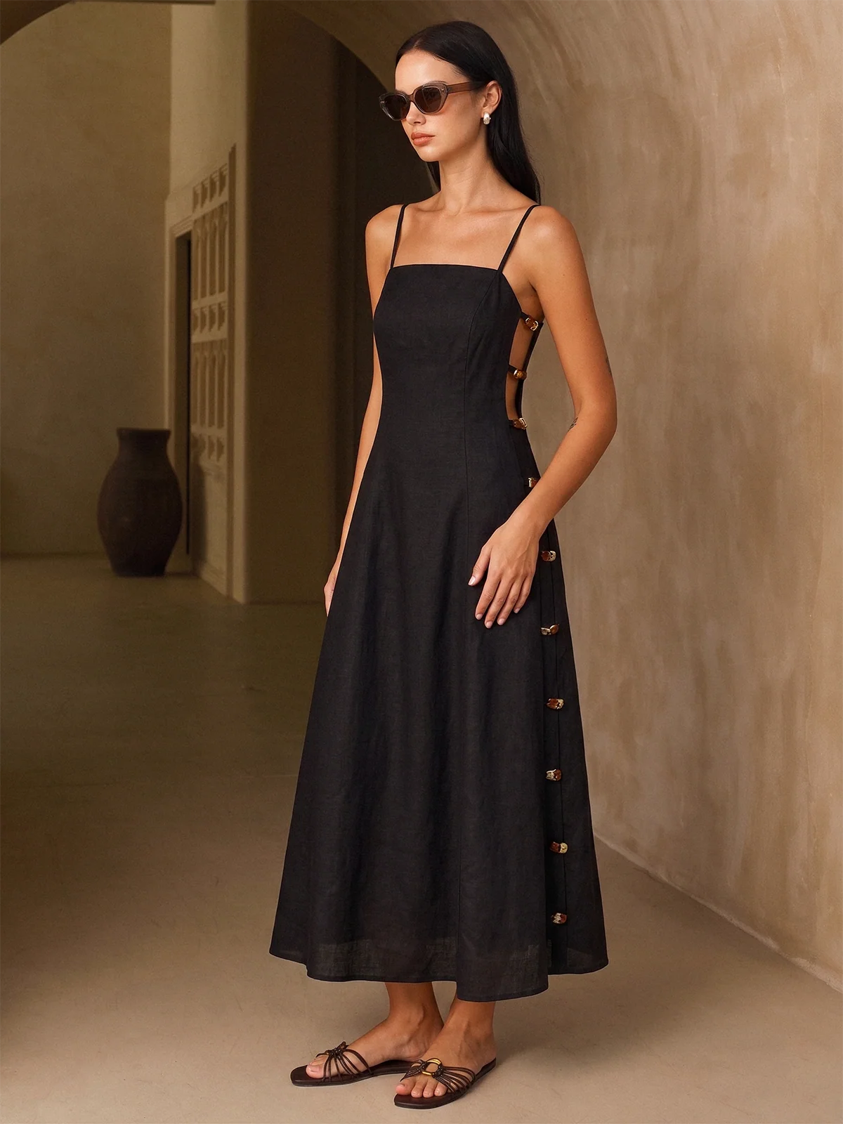 Linen-Blend Amber Detail Cami Midi Dress - Image 7