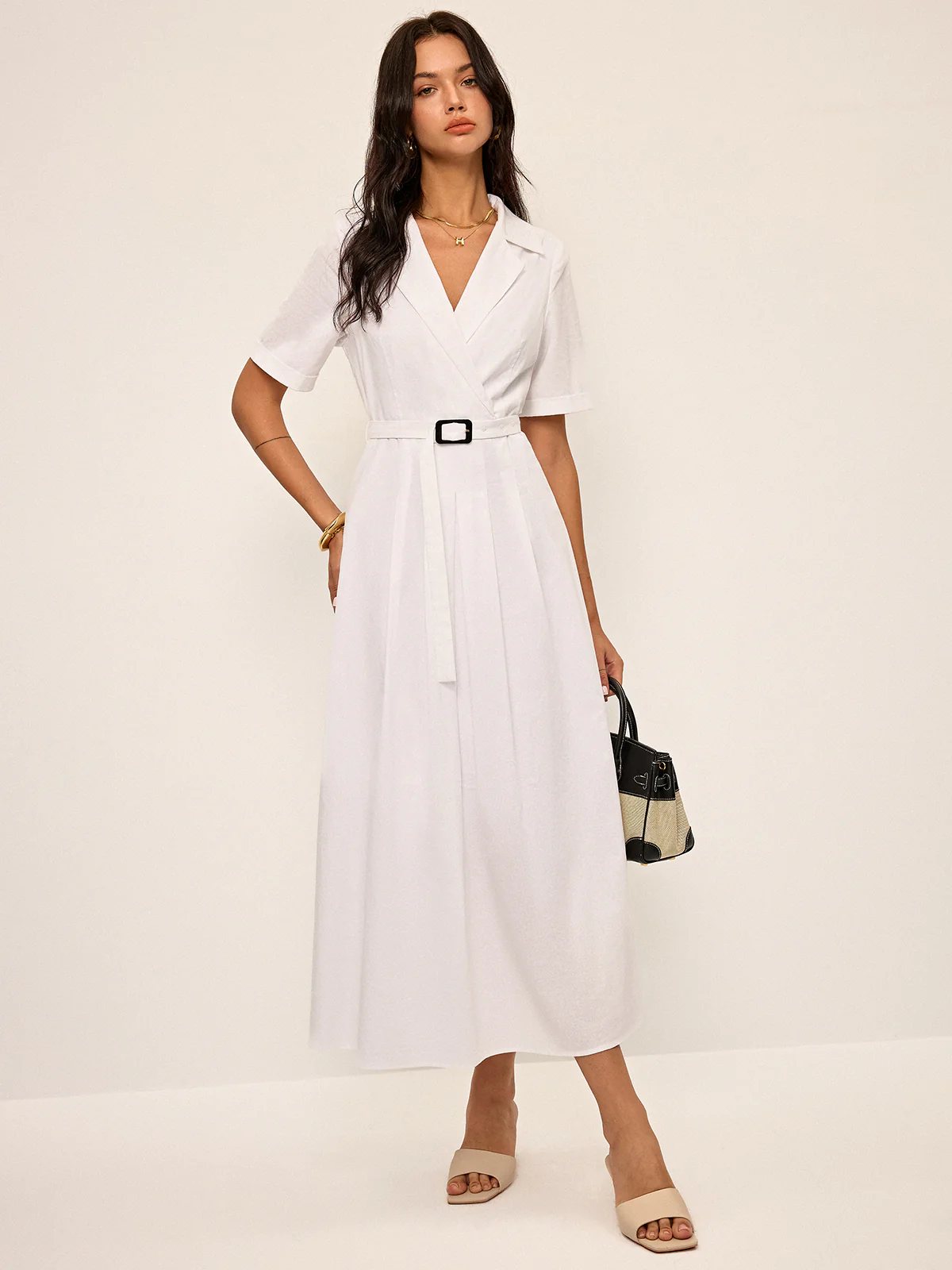 Linen & Blend Belted Pleated Shirt Dress - Image 3