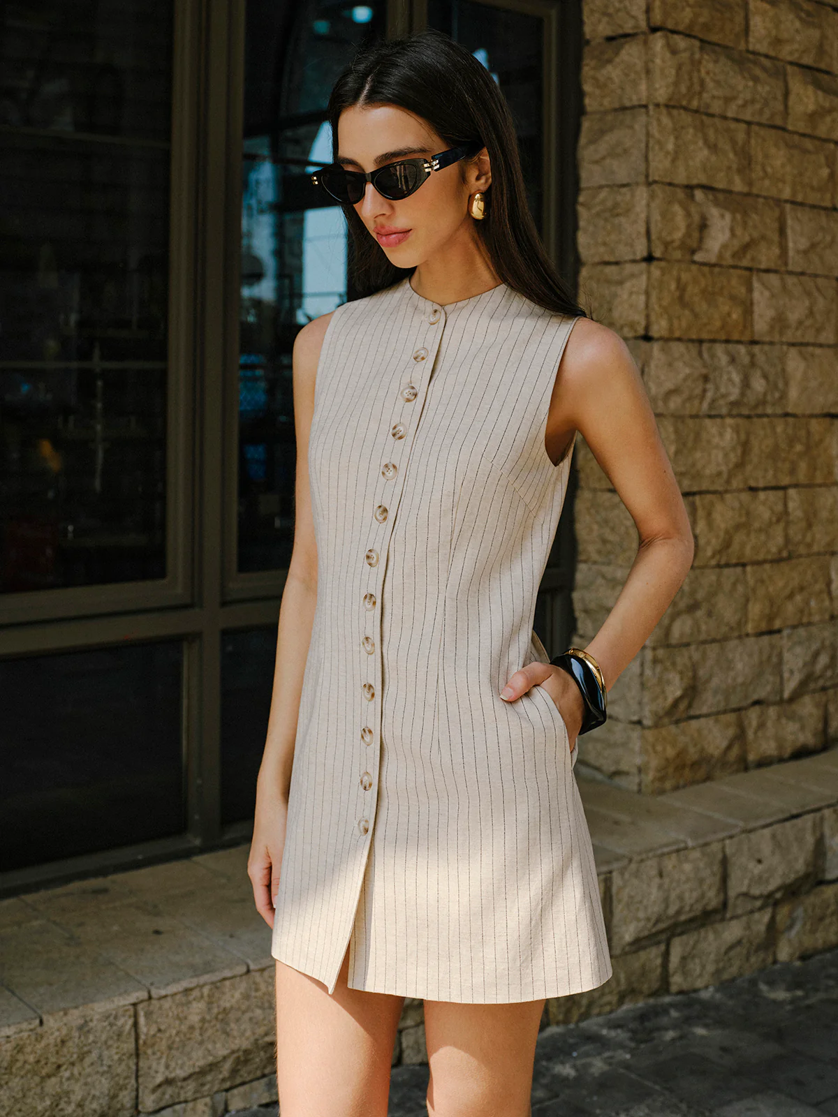 Linen Blend Button-Front Dress With Pockets - Image 7
