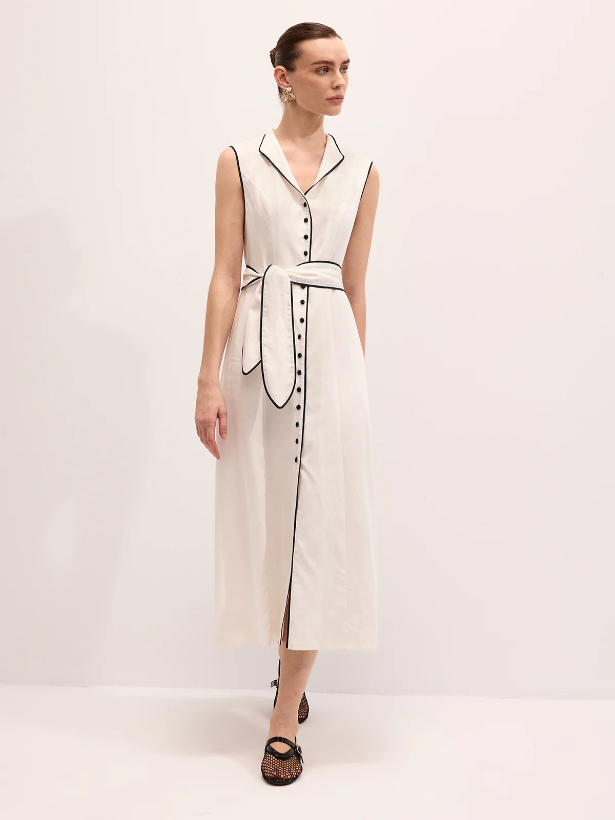 Linen Blend Contrast Piping Tie Neck Maxi Dress - Image 2