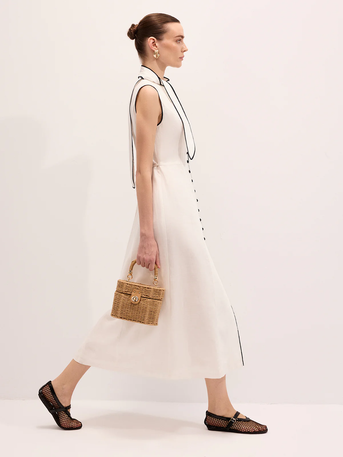 Linen Blend Contrast Piping Tie Neck Maxi Dress - Image 3