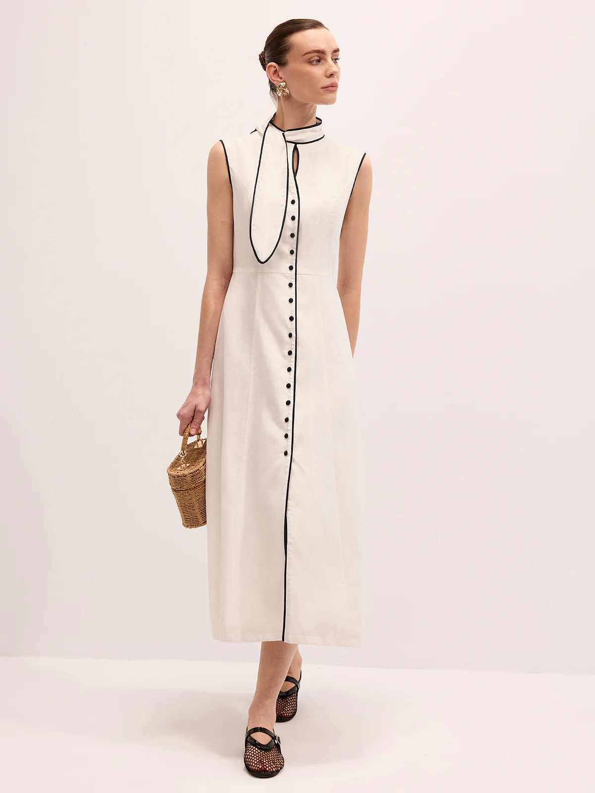 Linen Blend Contrast Piping Tie Neck Maxi Dress - Image 4