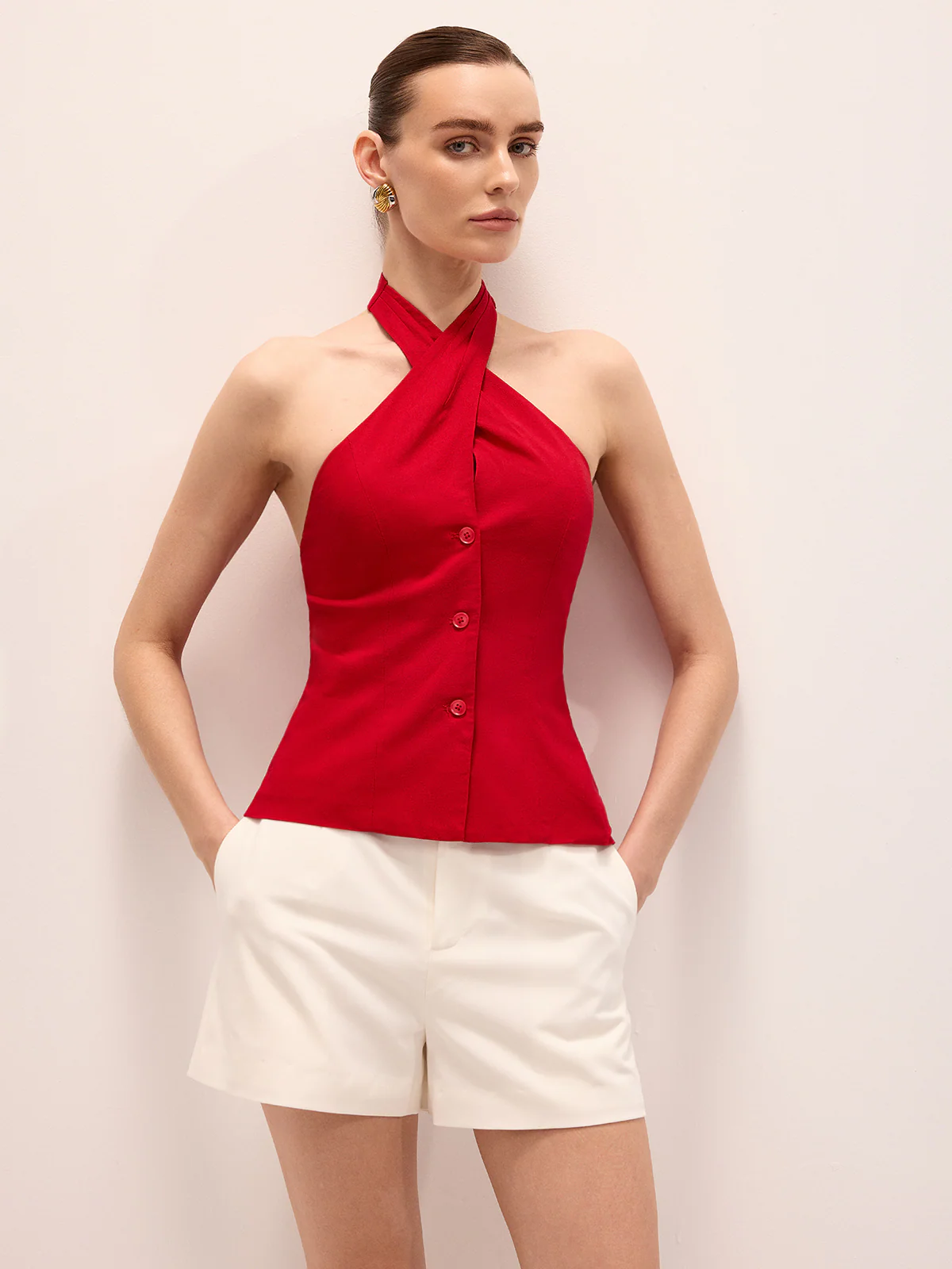 Linen Blend Crisscross Halter Top - Image 2