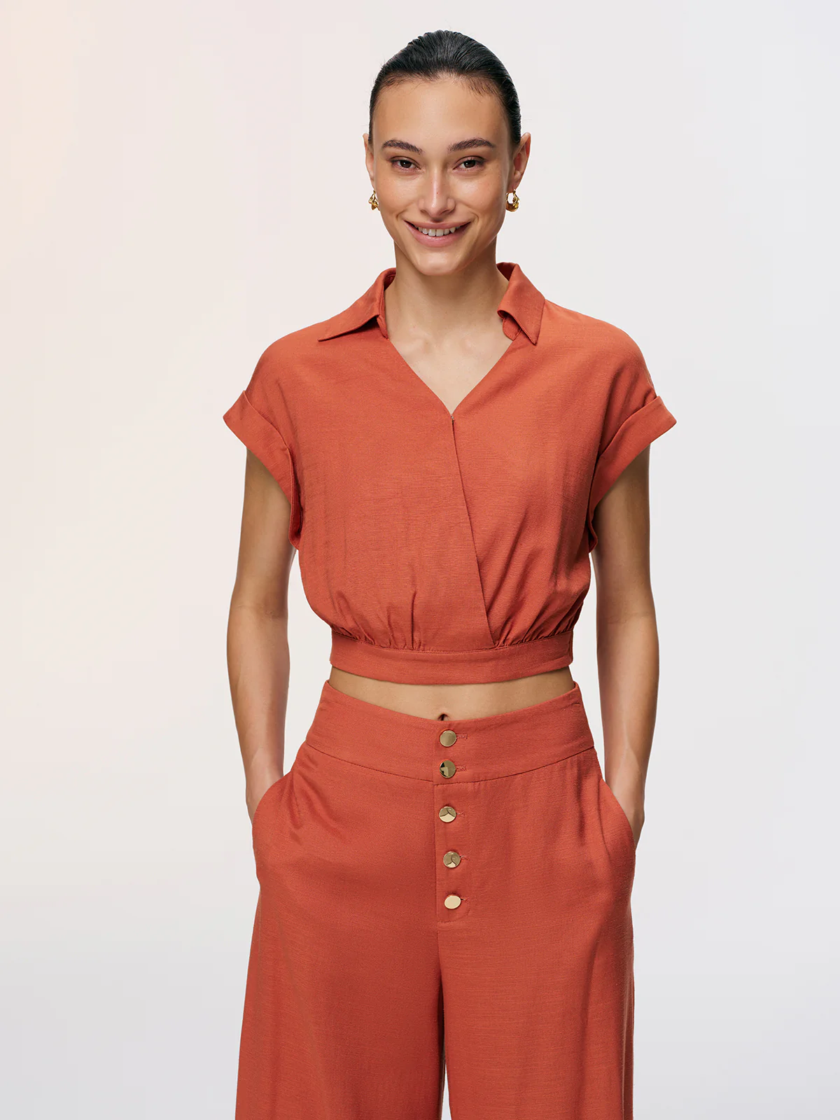 Linen-Blend Crop Shirt & Split Pants Set - Image 2