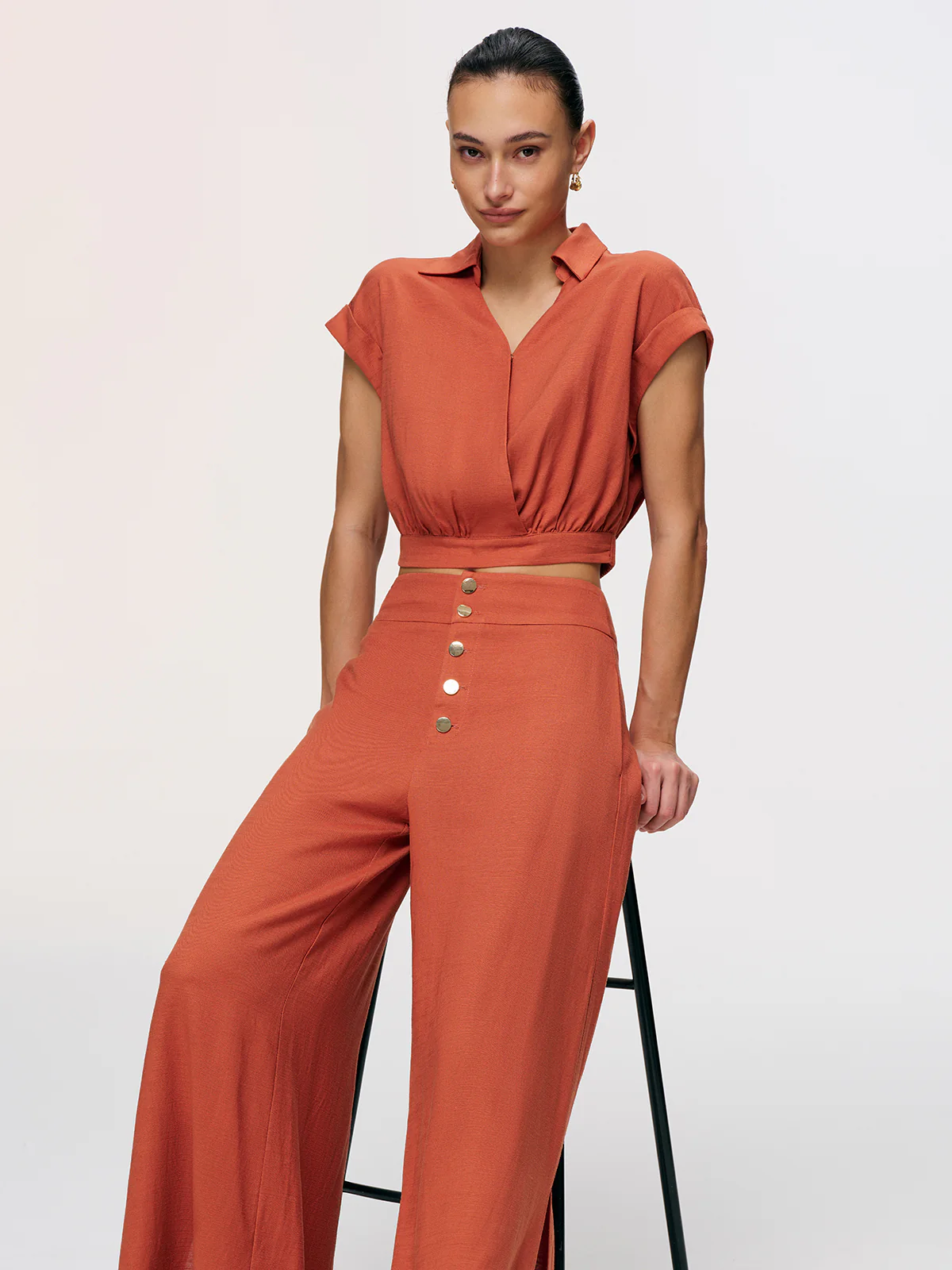 Linen-Blend Crop Shirt & Split Pants Set - Image 3