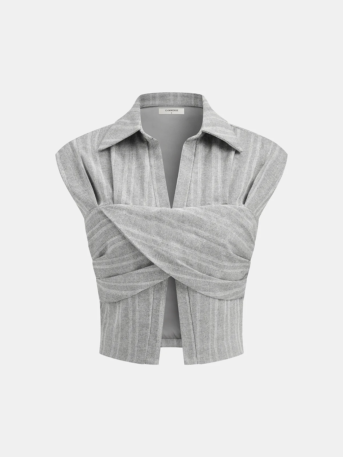 Linen Blend Cropped Blouse with Cross Wrap Detail - Image 9