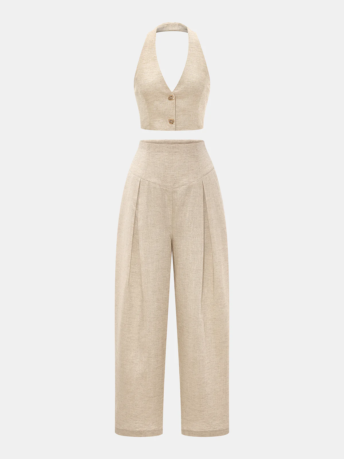 Linen Blend Halter Crop Top & Pants Set - Image 2