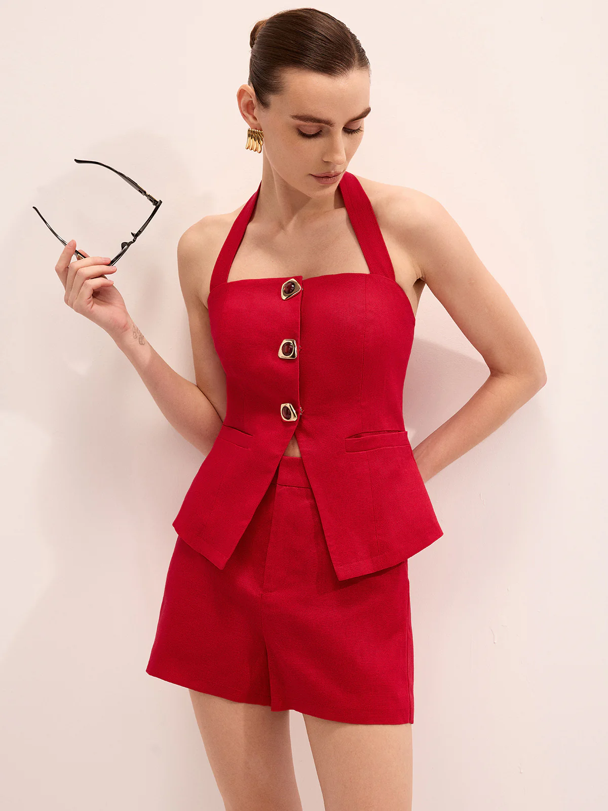 Linen Blend Halter Top & Shorts Set - Image 2