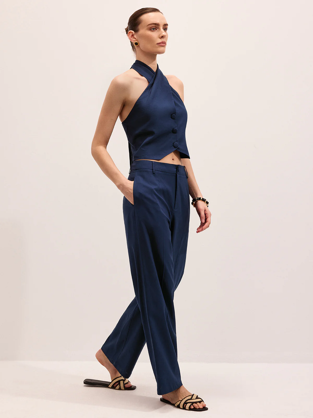 Linen Blend Halter Vest & Pants Set - Image 2
