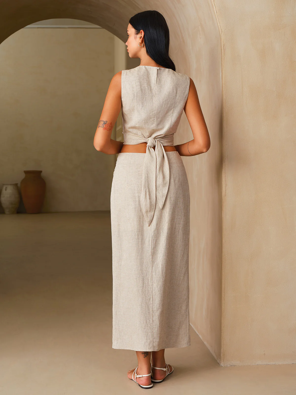 Linen-Blend Knot-Back Top & Wrap Skirt Set - Image 5