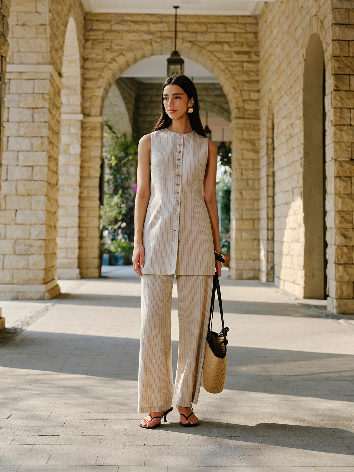 Linen Blend Mid-Waist Pants With Pockets - Image 6