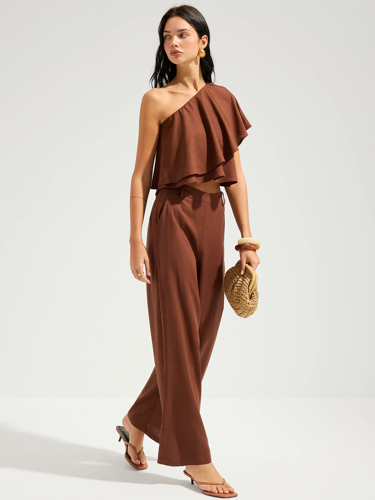 Linen-Blend One-Shoulder Ruffle Top & Pants Set - Image 3