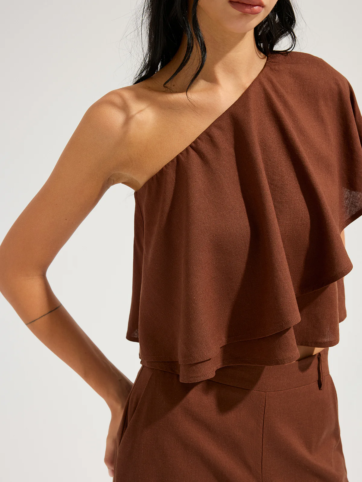 Linen-Blend One-Shoulder Ruffle Top & Pants Set - Image 6