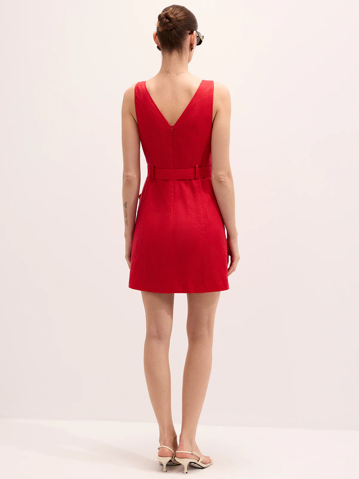 Linen Blend Sleeveless Belted Mini Dress - Image 6