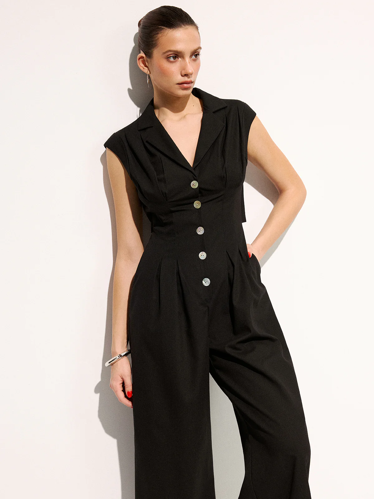Linen Blend Sleeveless Lapel Wide Leg Jumpsuit - Image 4