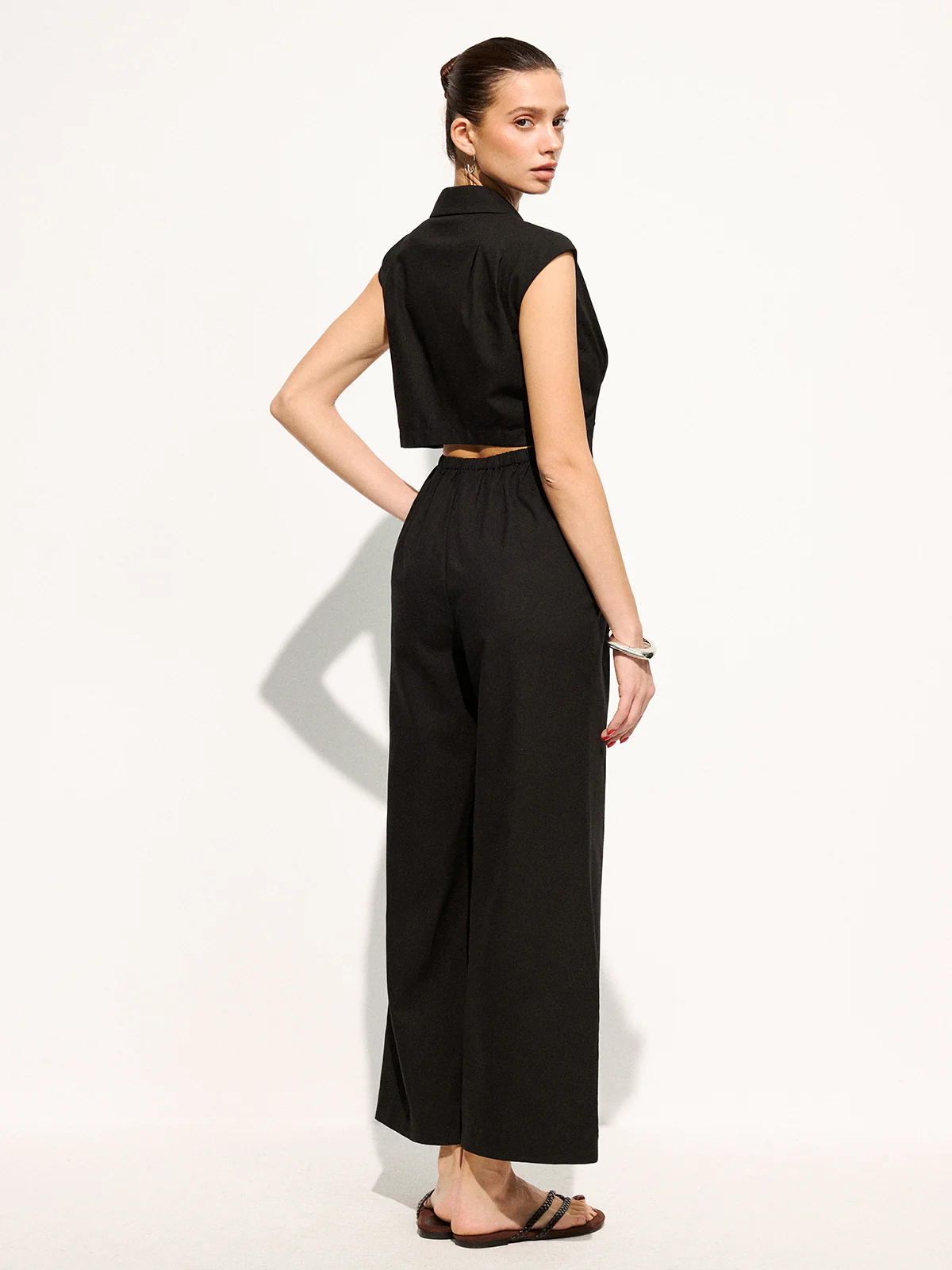 Linen Blend Sleeveless Lapel Wide Leg Jumpsuit - Image 6
