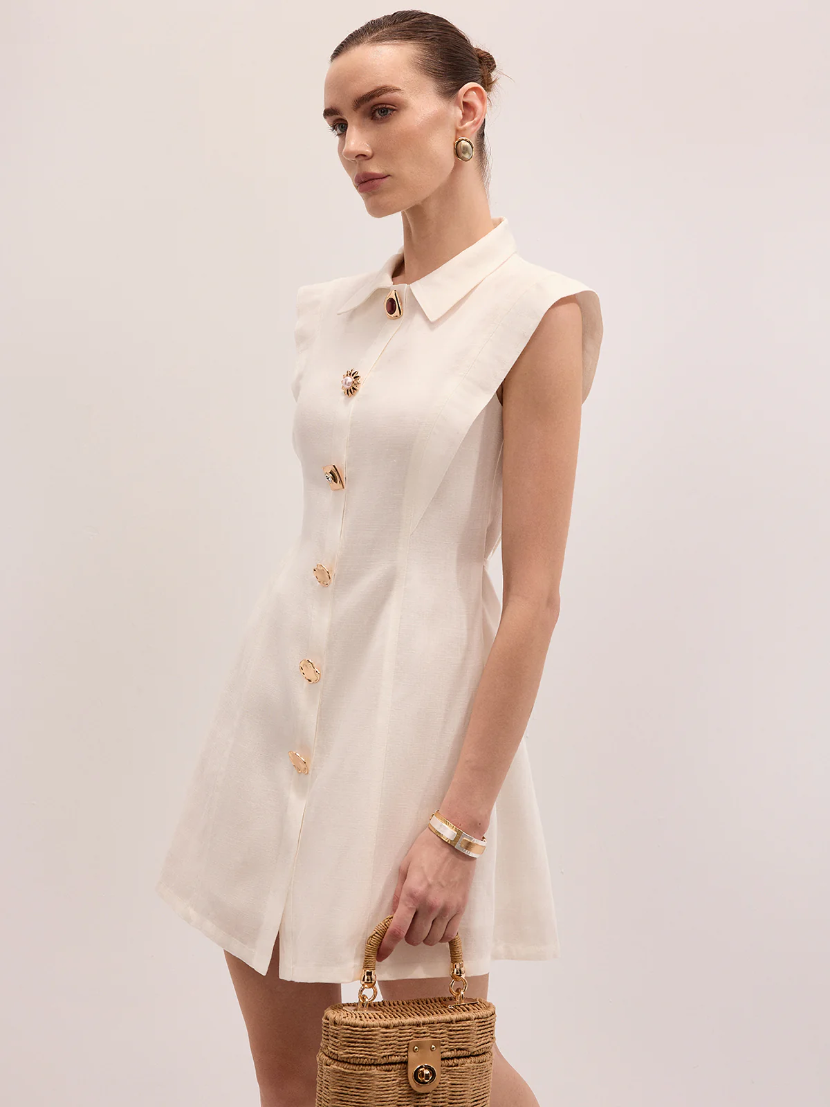 Linen Blend Sleeveless Mini Shirt Dress - Image 4