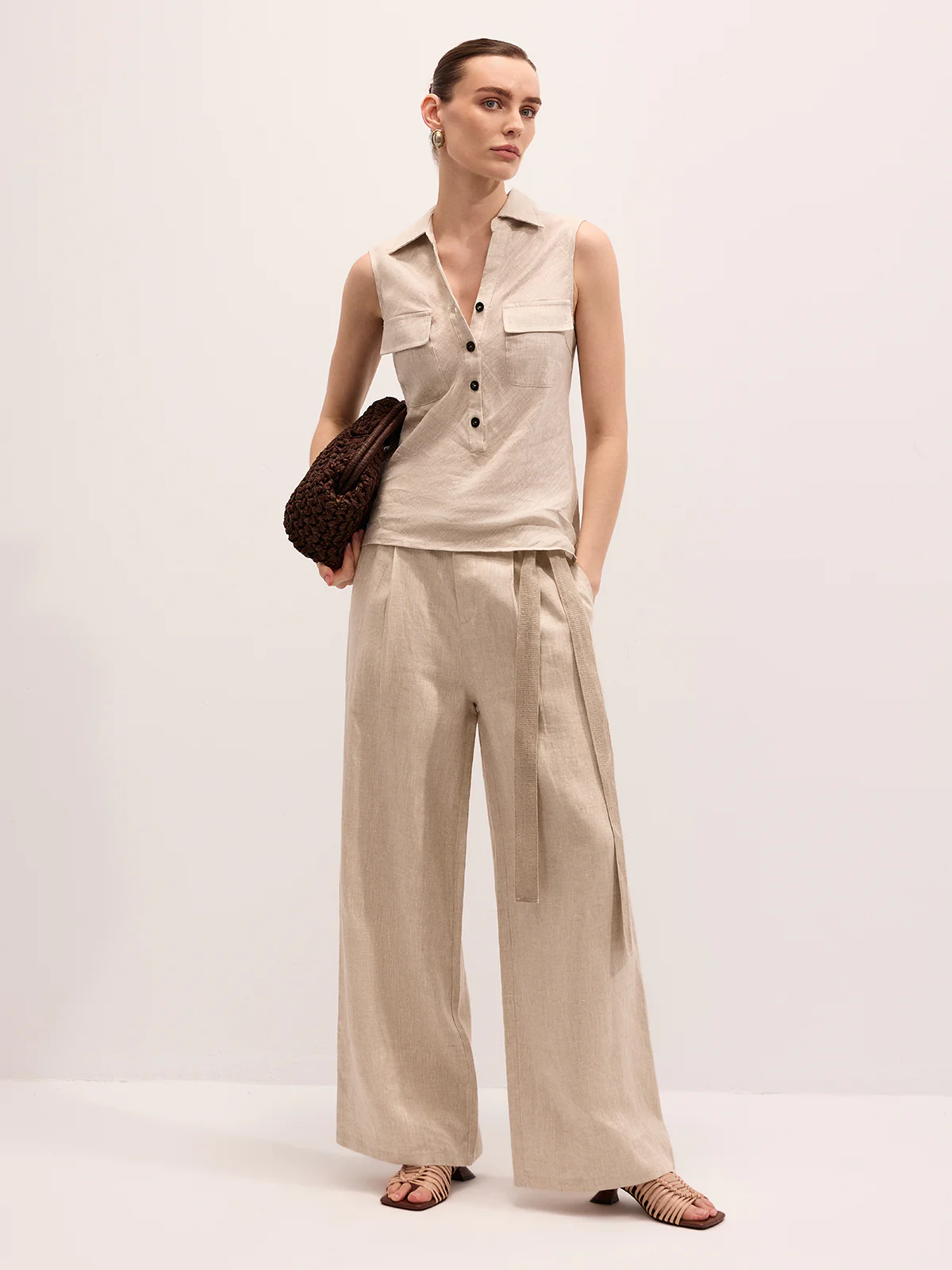 Linen Blend Sleeveless Shirt & Pants Set