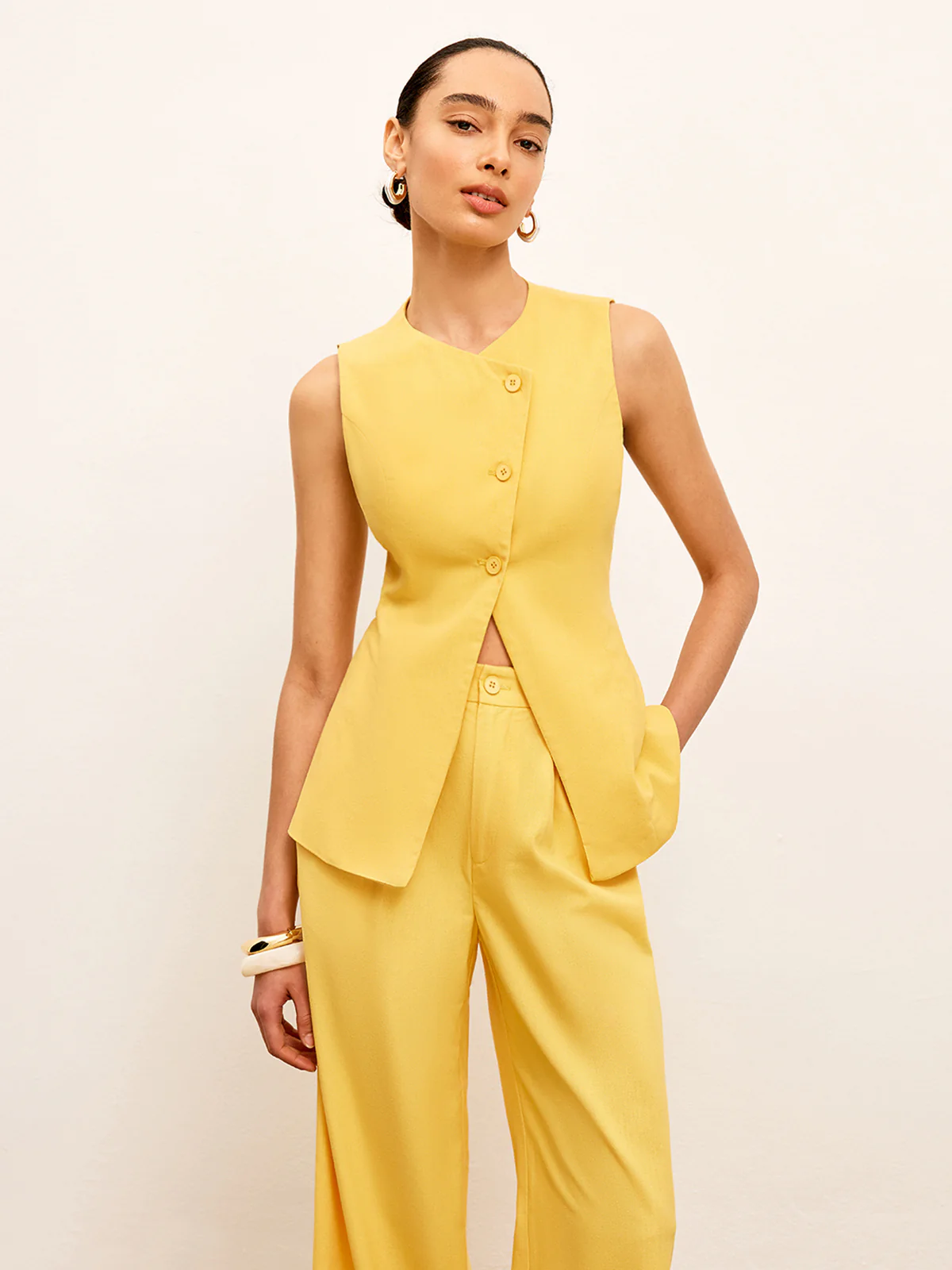 Linen & Cotton Asymmetrical Button Sleeveless Vest - Image 2
