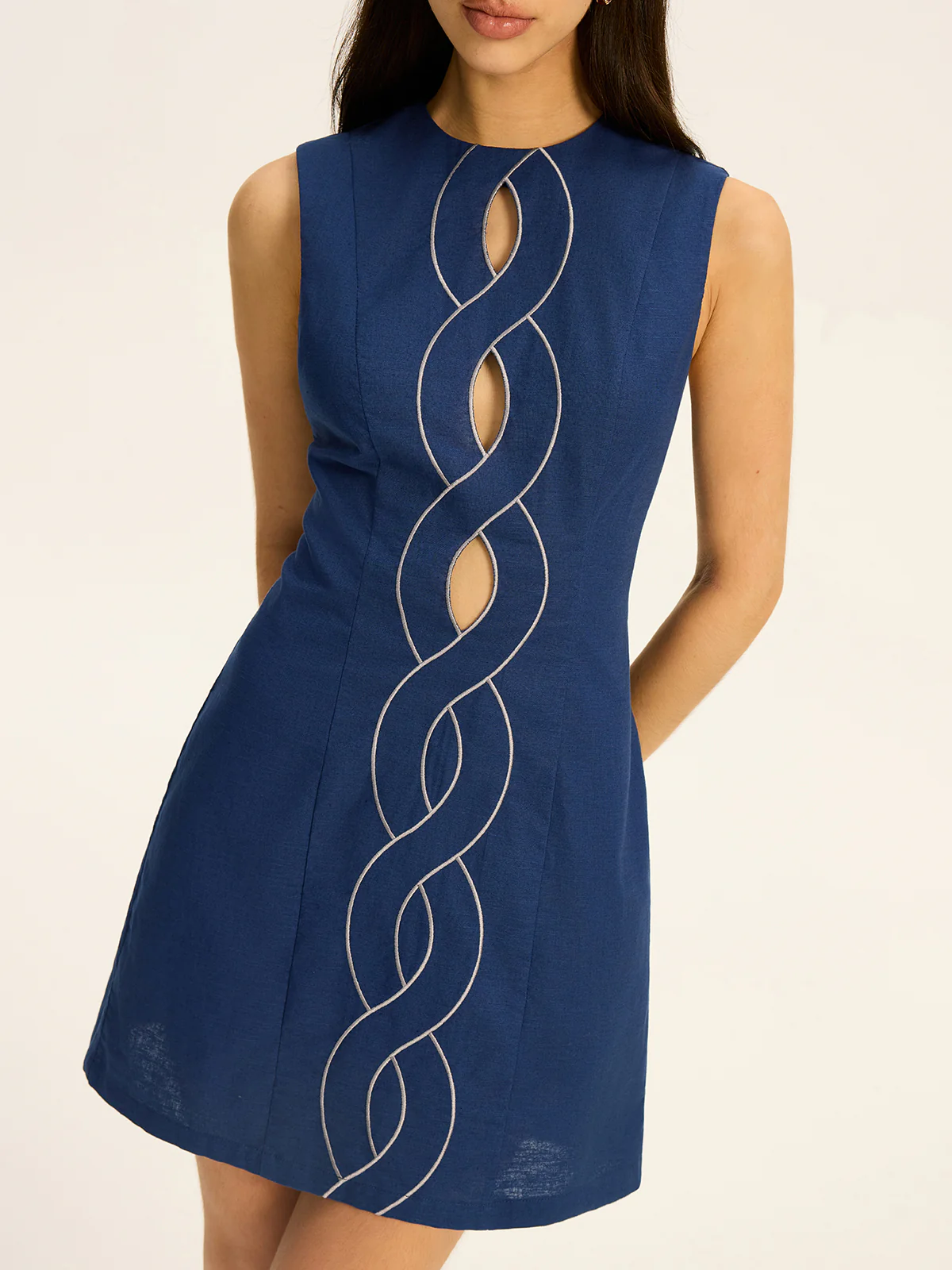 Linen & Cotton Cut-Out Contrast-Stitch Mini Dress - Image 2