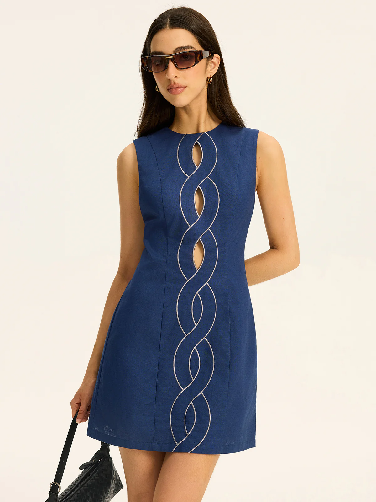 Linen & Cotton Cut-Out Contrast-Stitch Mini Dress - Image 3