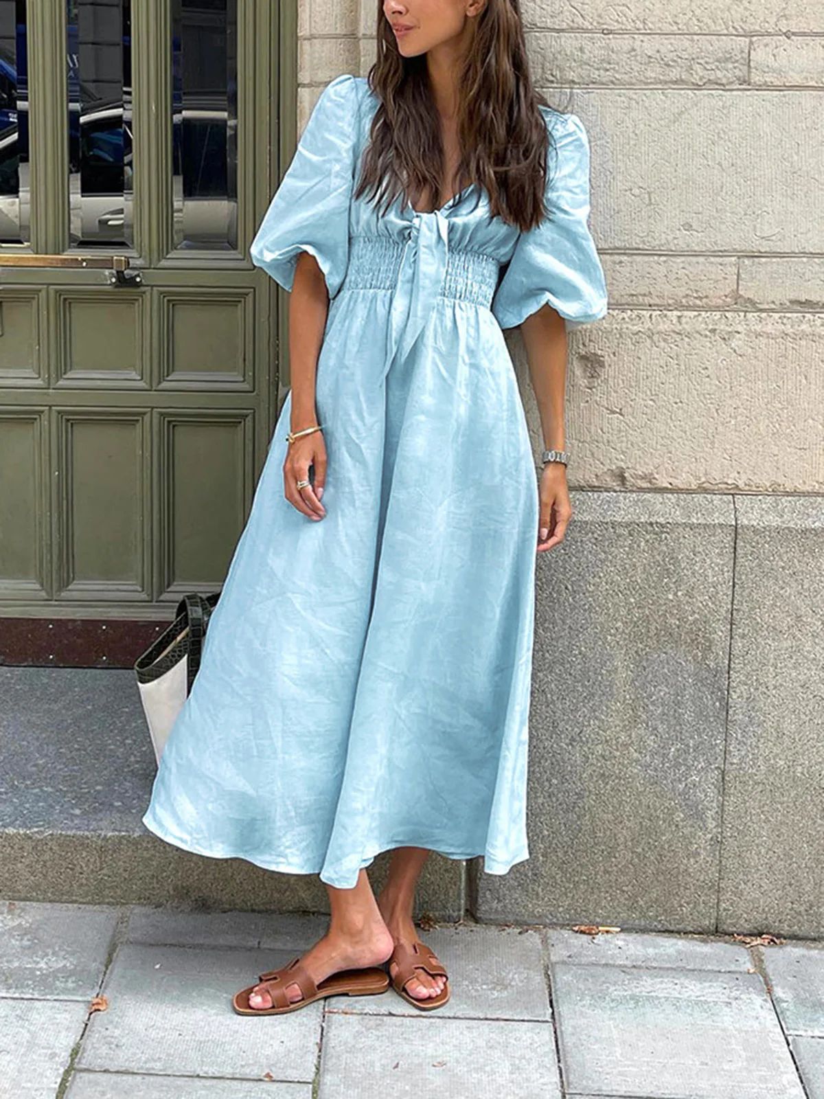 Linen Cotton Front Tie Midi Dress - Image 4