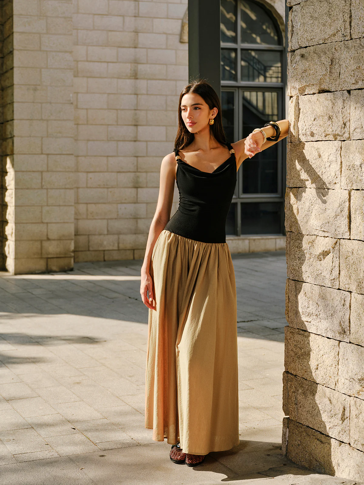 Linen & Cotton Panel Cowl Neck Metal Detail Sleeveless Dress - Image 2