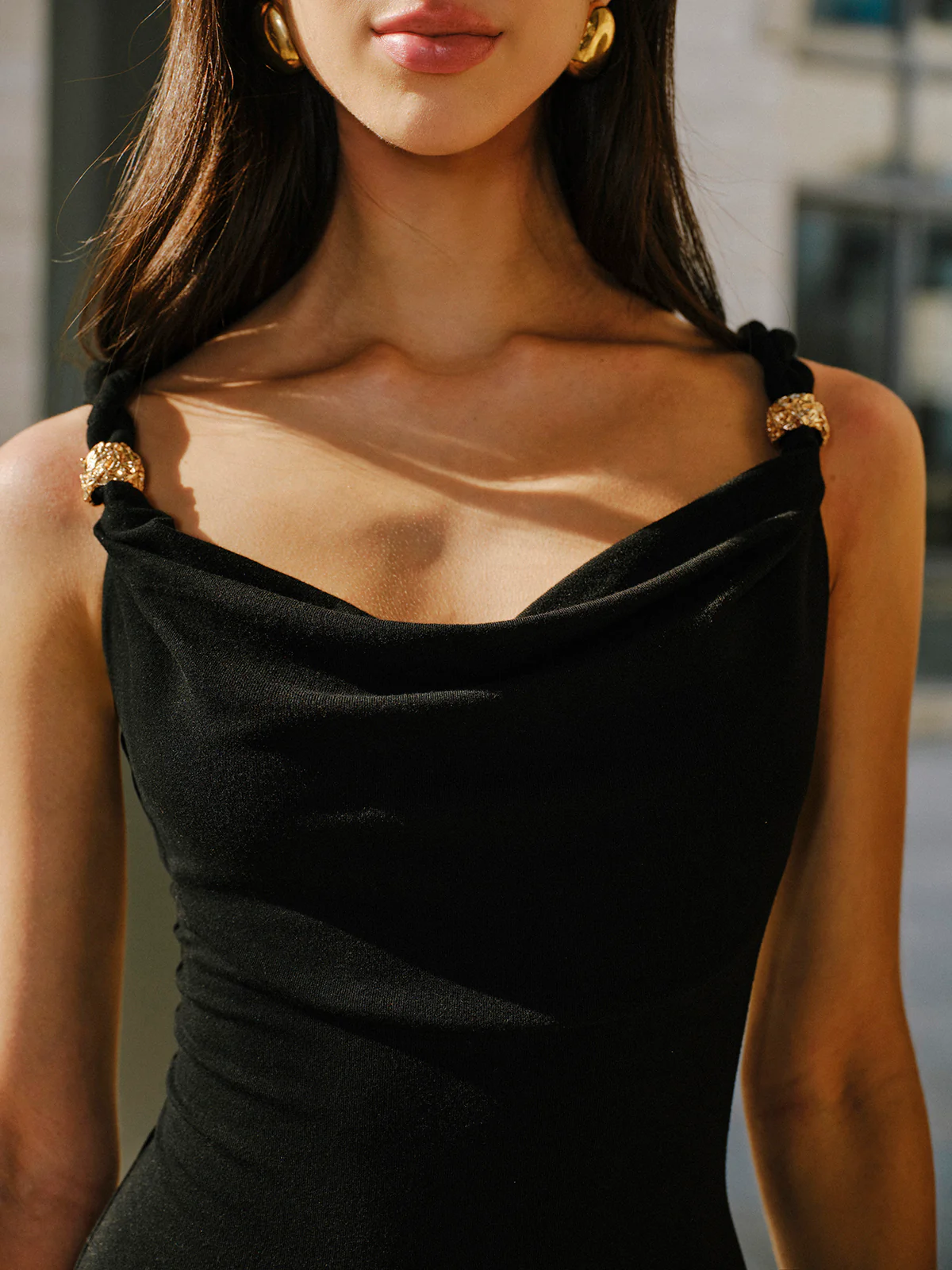 Linen & Cotton Panel Cowl Neck Metal Detail Sleeveless Dress - Image 3
