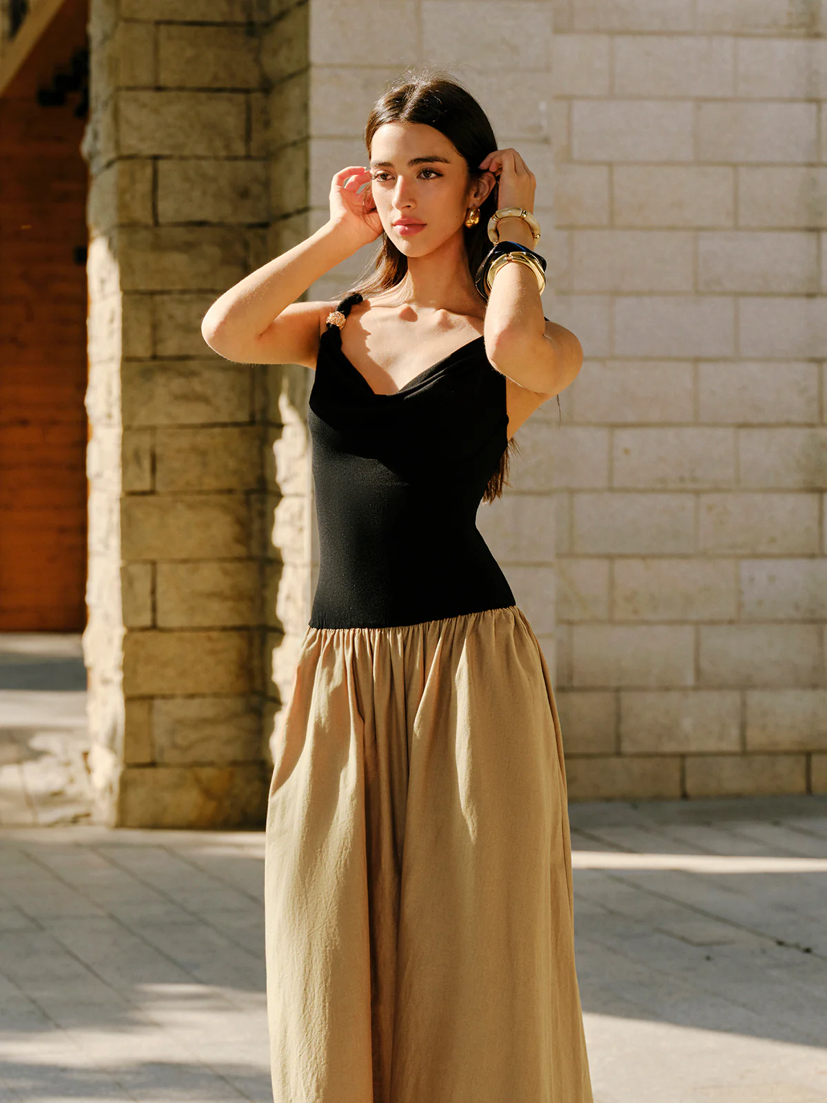Linen & Cotton Panel Cowl Neck Metal Detail Sleeveless Dress - Image 5